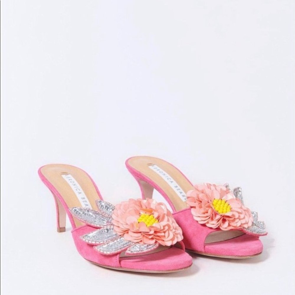 Veronica Beard Sequined Flower Suede Mules